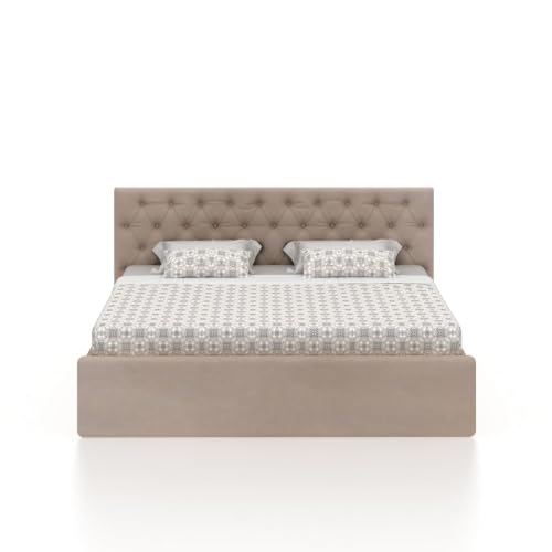 Image of Ganpati Arts Solid Sheesham Wood King Size Bed with Box Storage & Upholstered Tufted Headboard | Wooden Double Bed Cot Palang for Bedroom, Home & Hotel Furniture (Beige, 1 Year Warranty)