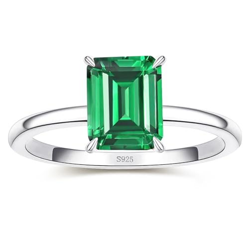 Yaresul 4ct 8x10mm Emerald-Cut Class Gemstone Birthstone Simulated Emerald Solitaire Engagement Rings for Women Gift for Mothers, Grandma Thanksgiving Day 14K Gold plated 925 Sterling Silver Size 5-10