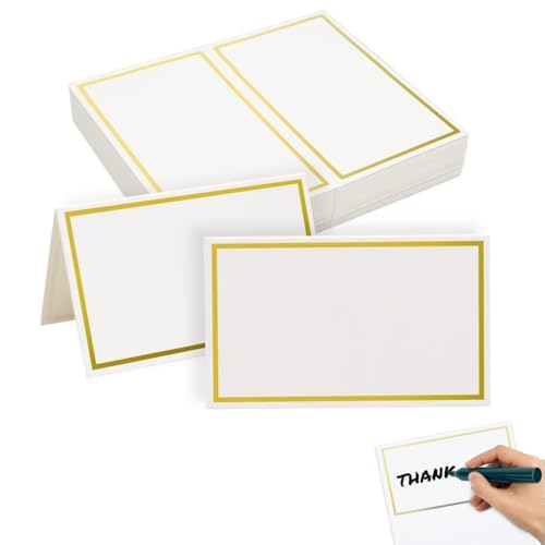100 Pcs Place Cards with Gold Foil Border,Place Cards for Table Setting, Scored Easy Folding,Food Tent Labels, Table Tent for Receptions Parties Events Celebrations