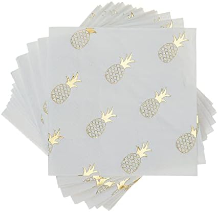 Cakewalk Pineapple Crush Cocktail Napkins, White Dessert Napkins, 5 Inch Square, Set of 20 Folded Paper Napkins with Pineapple Pattern