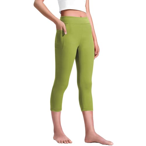 Girls Capri Leggings Tummy Control High Waisted Butt Lifting Tights Gym Yoga Workout Cropped Pants with Pockets
