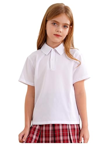 JEATHA Girls' School Uniform Shirts Short Sleeve Oxford Collar T-Shirts Solid Color Tee Blouse Basic Tops