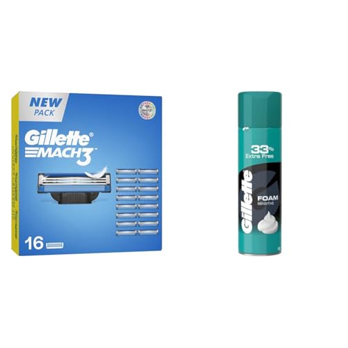 Image of Gillette Men Mach 3 Shaving Blades- Pack Of 16 (Cartridges) & Classic Sensitive Shave Foam - 418 G (33% Extra)