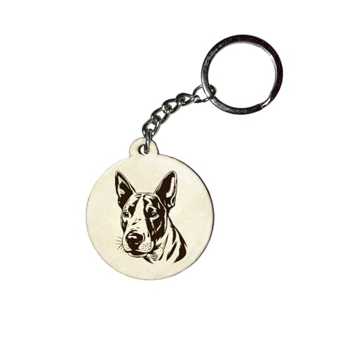 Holz Schlüsselanhänger Hundemarke Rund Ø 35mm Hunderasse Gravur Ihr Hund mit Name Wunschname Personalisiert Bull Terrier