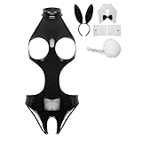 [TiaoBug] レディース オープンバスト パテントレザー ハイレグ レオタード 穴あき 小道具4点付 過激 光沢 レースクイーン メイド服 コスプレ ナイトグラブウェア Bブラック 4XL