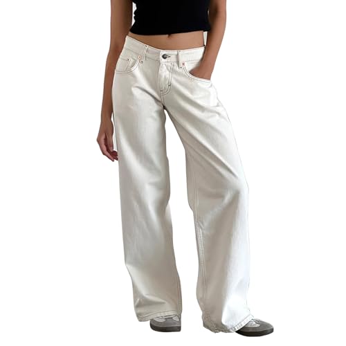 Womens Wide Leg Jeans Low Rise Baggy Straight Leg Boyfriend Denim Pants Casual Loose Jeans Y2K Girl Style White