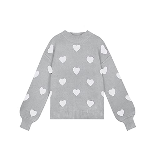 Image of Cute Sweaters for Women Girls Lovely Heart Printed Loose Casual Oversized Sweaters Crewneck Long Sleeve Pullover Knit Top