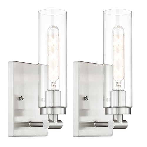 Image of Emak Modern Wall Lights, Brushed Nickel Sconces with Clear Glass Shade, 2 Light Bathroom Vanity Light for Bathroom, Mirror, Living Room, Bedroom, Gallery, WS086-BN-CG-2PK