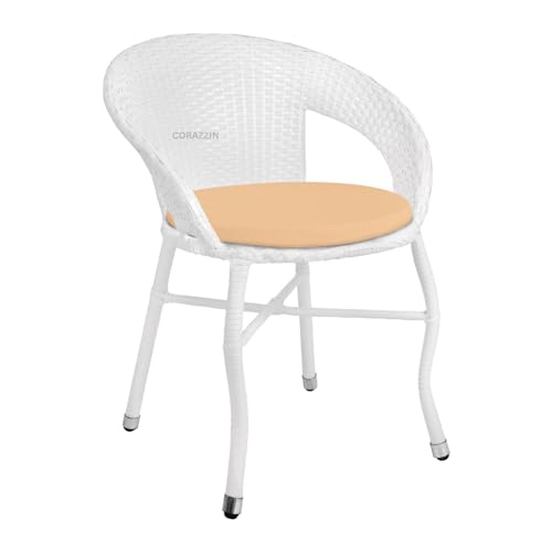 Image of Rattan Wicker Garden Patio Seating Chair and Table Set for Outdoor Balcony Garden Coffee Table Set Furniture with 1 Table and 2 Chair with Cream Cushion (White)