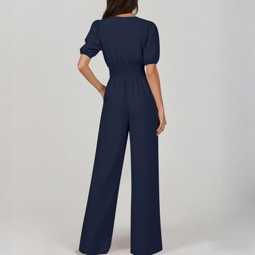 Image of HGps8w Jumpsuits for Women Dressy 2026 Summer Button Front V Neck Puff Sleeve Elegant Wide Leg Pants One Piece Romper