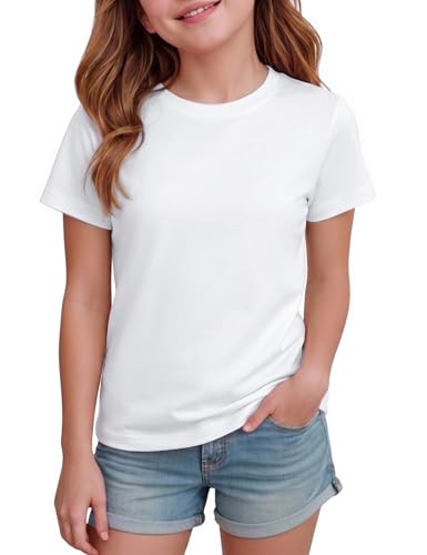 Demegimi Weißes T-Shirt Mädchen Sommer Kurzarm Tops Kinder Tshirts Einfarbig Basic Rundhals Casual Sport Tees Oberteile 140