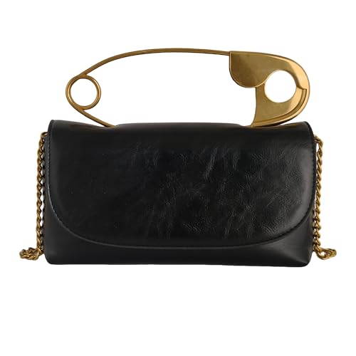 Women's Small Black Soft Pin Shaped Vegan Leather Crossbody Purse Bag with Gold Metallic Handles & Chain