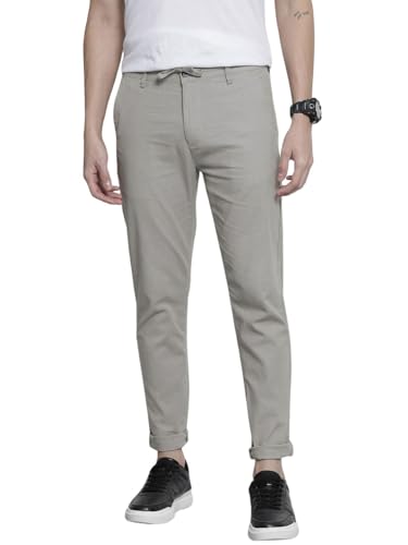Image of The Indian Garage Co Men Slim Fit Solid Mid-Rise Elasticated Linen Trousers