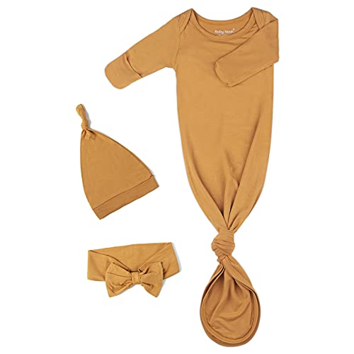 Image of Knotted Gown Baby Newborn Coming Home Outfit Boy Girl, Soft Modal Infant Sleeper 0-3 Months, Announcement Clothes Nightgown for New Babies with Mittens, Bow and Hat Set Retro Khaki