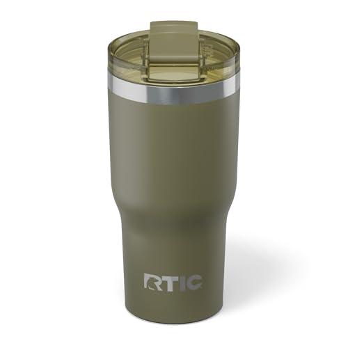 RTIC 20oz Essential Tumbler with Lid, Ceramic Lined, Insulated, Stainless Steel, Metal, Double Wall Vacuum-Insulation, Travel Cup for Iced Coffee, Tea, Hot and Cold Drink, Olive
