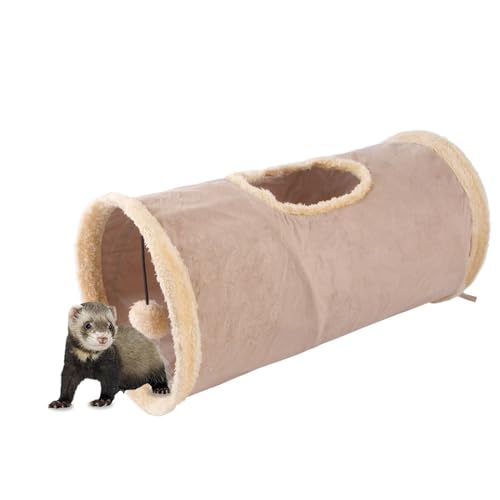 MANON ROSA Ferret Tunnel with Ball Toy - Fleece Outer, Crinkly Paper Inner, Accessories and Supplies for Small Animals: Hamster, Mice, Rat, Hedgehog, Guinea Pig, Rodents, Kittens (Brown)