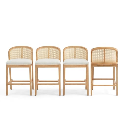 Image of Christopher Knight Home Jane Rattan Counter Stools Set of 4, Counter Height Bar Stools for Bar Table, Rubberwood Frame with Upholstered Barstools, Wood Accent Chair with Footrest, Beige + Natural