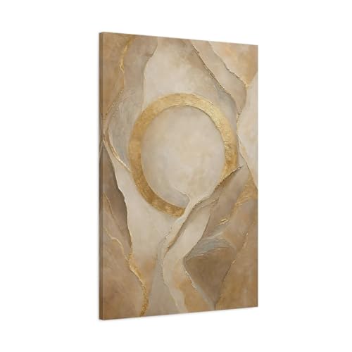 Décoration murale abstraite or et beige grand format vertical pour séjour