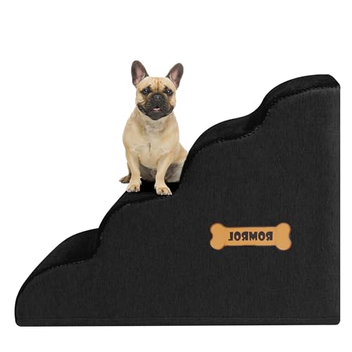 ROMROL Hundetreppe 4 Stufen – rutschfeste Haustiertreppe für kleine Hunde & Katzen – Waschbarer Bezug, Hochdichter Memory-Schaum – Weiche Einstiegshilfe für Sofa & Bett – Gelenkschonend, Schwarz
