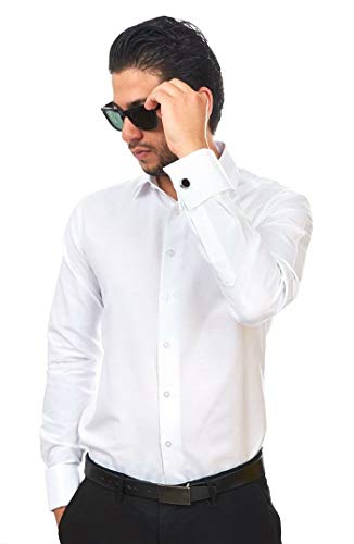 AZAR MAN Slim fit Solid White French Cuff Dress Shirt3