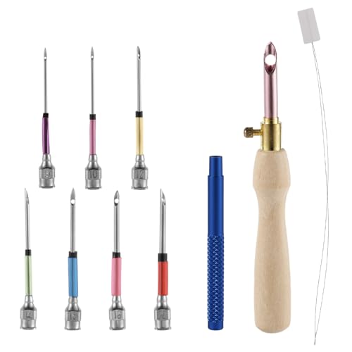 10uds Kit Agujas Perforadoras, Kit de Bordado Ajustable con 7 Tamaños Cabezales de Aguja Perforadora Agujas de Bordado Mágico para Adultos Principiantes Hilo Dental Punto de Cruz Manualidades