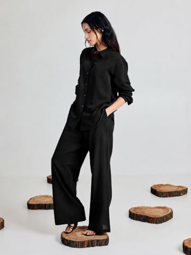 Image of FIORRA Women's Linen-Blend Loose Relaxed Fit Co-Ord Set