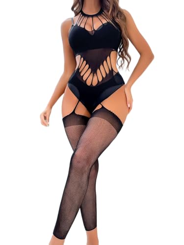 Image of GirlFriend Hot Women's Lingerie Set - Lace Babydoll Outfits 1 Piece Fishnet Bodysuit with attached Mini Skirt with Stockings Babydoll