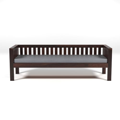 Image of Solid Wood Sheesham 3 Seater Low Height Sofa | Three Seater Sofa for Living Room, Home, Office Furniture with Grey Cushion - Walnut Finish