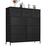ANTONIA Dresser for Bedroom with 9 Fabric Drawers, Tall Chest Organizer Units for Clothing, Closet, Kidsroom, Storage Tower with Cabinet, Metal Frame, Wooden Top, Lightweight Nursery Furniture, Black