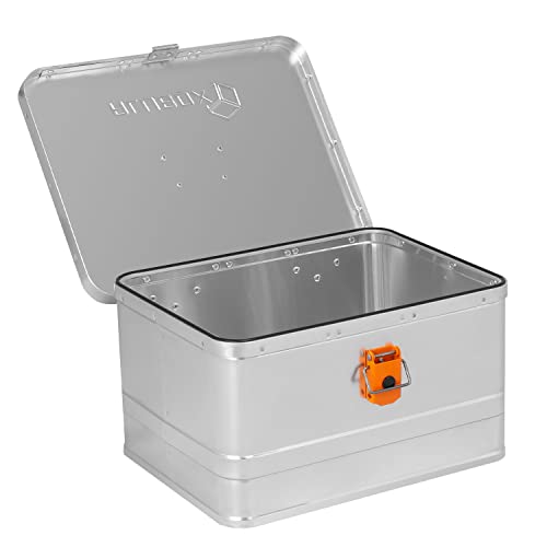 Alubox Werkzeugkiste EASY 29 Liter silber glänzend - orangne Schnallen - Griff oben - Außenmaße L 43,5 x B 35,5 x H 25 cm