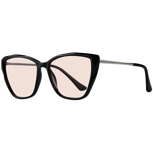 Image of Indoor FL-Flex Fluorescent-41 Light Pink Tinted Blue Light Blocking Glasses Cat Eye Migraine Light Sensitivity Photophobia Fluorescent LED Glare Women AB3304(Black Frame Light Rose Lens)