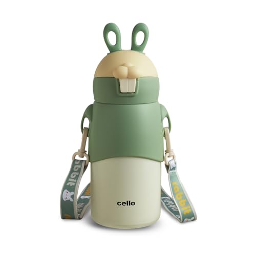 Image of Cello Bunny Kids Stainless Steel Flask 500ml, Green | Double Walled Vacuum Insulated Technology | One Click Push Button to Open | Ideal for School, Sports, Picnics