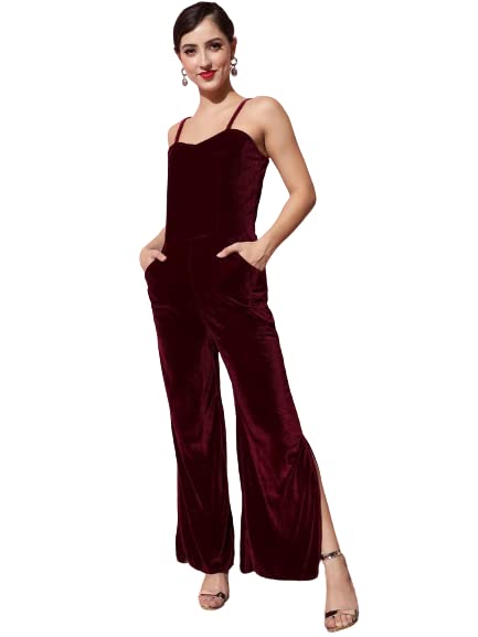 Vaararo Party Jumpsuit for Women with Side Pockets | Shoulder Strap Sleeveless Shiny Velvet One Piece Outfit