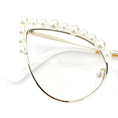 Image of Cat Eye Pearl Blue Light Blocking Glasses for Women Oversize Fashion Diamond bling bling Eyewear