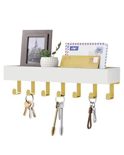 Image of Key Holder Wall Mount Magnetic Adhesive - Key Hooks Rack with shelf | Key Hanger with Mail Organizer for RV Camper Fridge Living Room Decor, Home Essentials, Large Gold White
