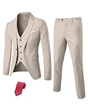 YND Men's Slim Fit 3 Piece Suit Set with Stretch Fabric, One Button Blazer Vest Pants, Solid Party Wedding Dress, Jacket Waistcoat and Trousers with Tie Beige