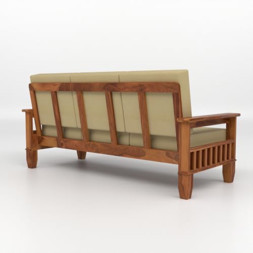 Image of Solid Sheesham Wood 3 Seater Sofa for Living Room | Premium Wooden Sofa with Side Magazine Rack | Comfortable Fabric Cushions | Modern Home & Office Furniture