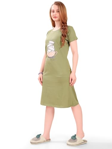 Image of Printed Knee Length Pocket Night Dresses for Women | Cat Lovers | Premium Soft Cotton Nighty | Sky Blue
