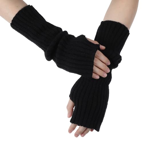 APLZGMG Black Y2K Arm Warmers, Black Long Fingerless Knitted Gloves with Thumb Hole, Harajuku Kawaii Punk Gothic Arm Sleeves for Women & Men, Grunge Accessories for Band Party Halloween Christmas