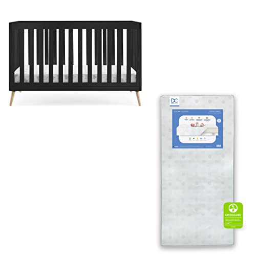 Image of Delta Children Essex 4-in-1 Convertible Baby Crib, Ebony with Natural Legs Twinkle Galaxy Dual Sided Recycled Fiber Core Crib and Toddler Mattress (Bundle)