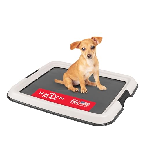 Image of IRIS USA Pee Pad Holder for Dogs and Puppies, Potty Training Tray with Secured Latches, Non-Skid Feet, Leak Protection, Easy Clean Surface, Fits 14 inchx17 inch Puppy Pads Size, Dark Gray
