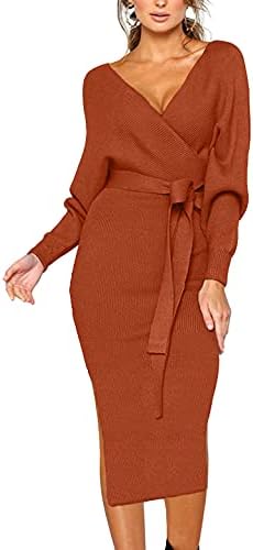 CHERFLY Women's V Neck Sweater Dresses Batwing Long Sleeve Backless Bodycon Dress with Belt(02 Caramel,Medium)