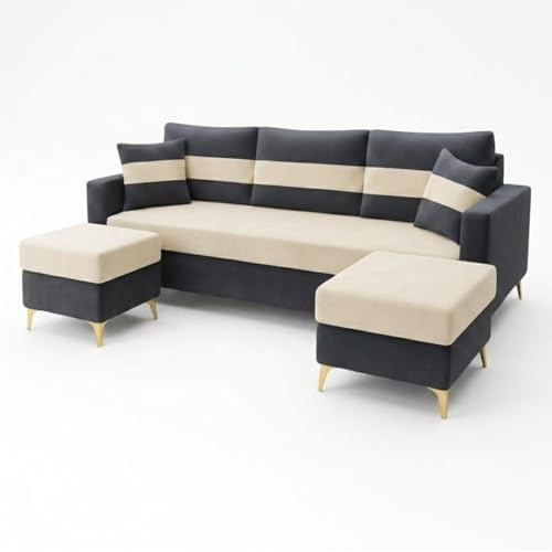 Image of SOCOZI Bastian 5 Seater L Shape Sofa Set with 2 Movable Ottomans | Flexible Layout| Soft Velvet Suede Fabric|Modern Sofa with Golden Legs | Plush Comfort Cushions for Living Room (Cream-Dark Gray)