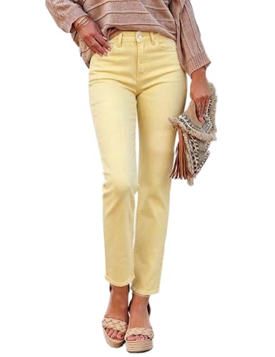 Mywinway Straight Leg Jeans for Women 2026 Spring Summer Stretchy Frayed Hem High Waisted Ankle Denim Pants with Pockets,Yellow,S
