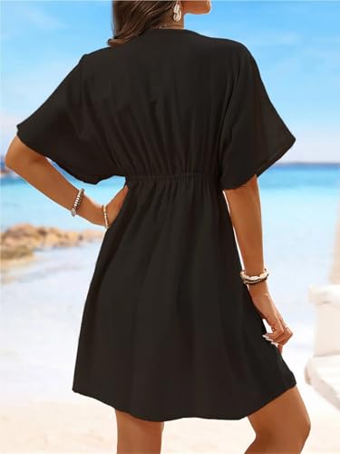 Ropa de playa mujer túnica de encaje manga corta cuello V 3