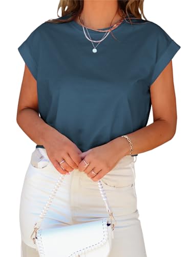 Image of Tankaneo Womens Short Sleeve Cropped T-Shirts Summer Rolled Dolman Sleeve Crop Tops Casual Round Neck Solid Short Basic Tees