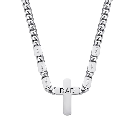 Collar con colgante de cruz personalizado con cadena de eslabones cubanos de acero inoxidable y 1-6 nombres grabados Collar con nombre y cuentas personalizadas Joyas para el Día del Padre regalos