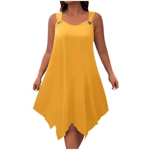 HGps8w Women's Handkerchief Hem Summer O-Ring Tank Dress, Plus Size Casual V Neck Loose Sleeveless Beach Mini Dresses