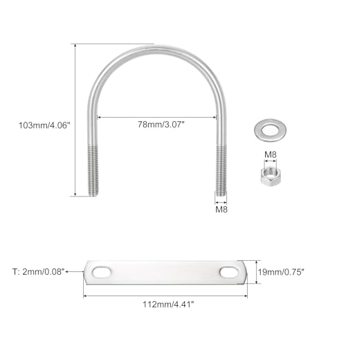 Image of uxcell Round U-Bolts, 6 Sets 78mm(3.07 inch) Inner Width 103mm Length M8 304 Stainless Steel U Clamp Bolt with Nuts and Plates, for Boat Trailer