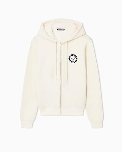 Emporio Armani Women's Hooded Full Zip Fuzzy Fleece Lined Sweatshirt, Ivory, Small